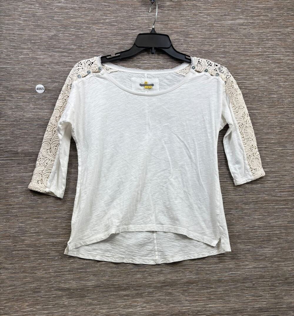 Little Yellow Button Shirt Womens Size S White Crochet Lace Sleeve Spring Casual